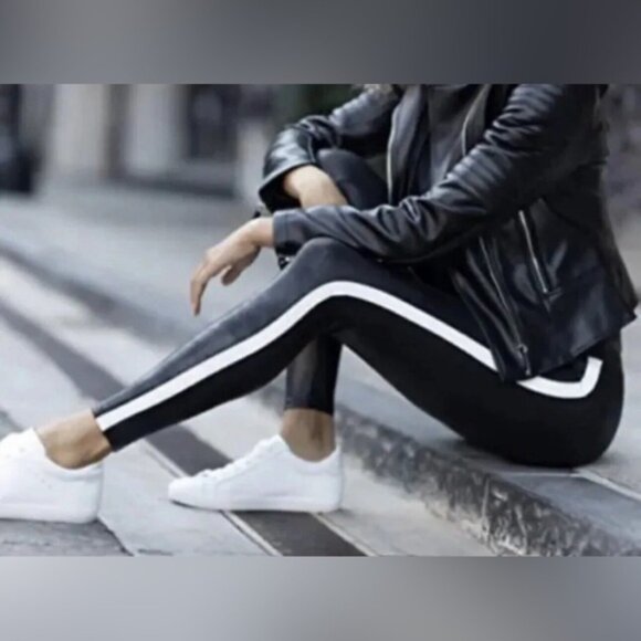 NWT‎ SPANX Shine Black Faux Leather White Stripe Legging 20187P PLUS Size 3X - Picture 3 of 15
